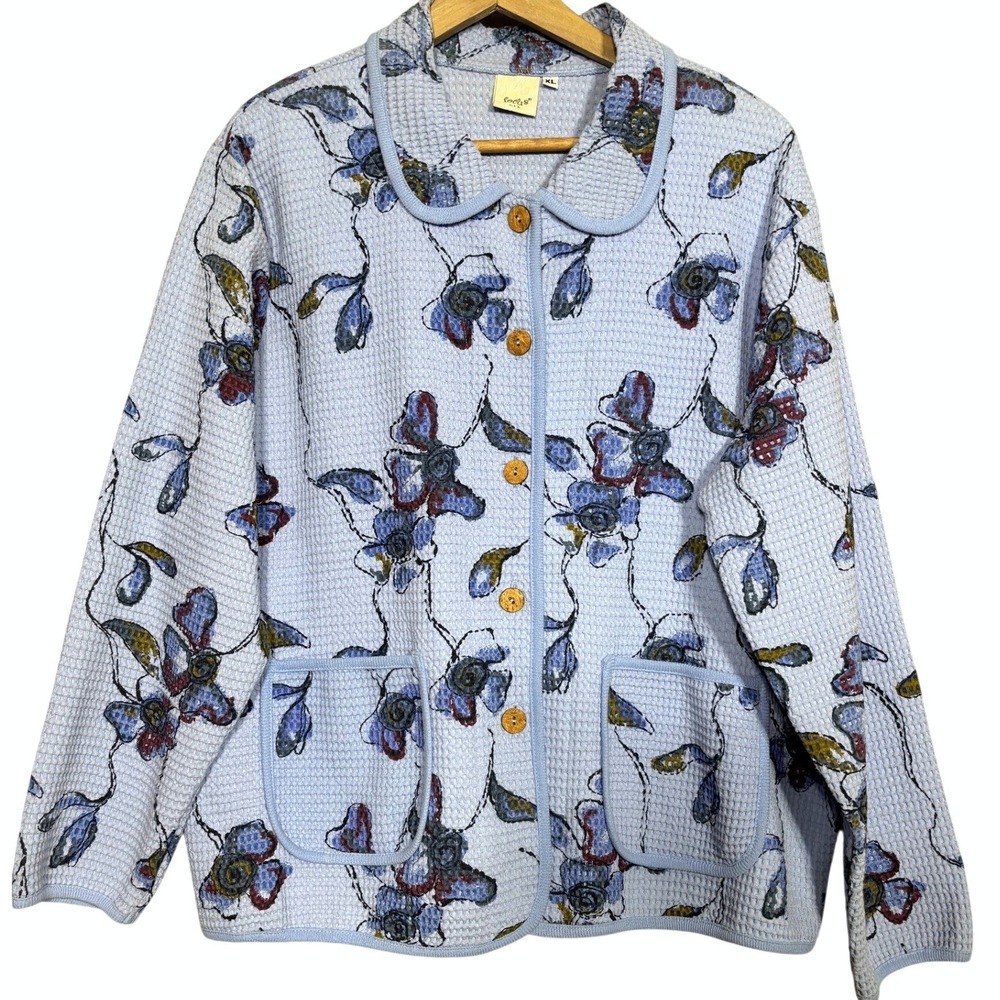 Focus Cardigan Womens XL 100% Cotton Floral Waffle Knit Button Up USA